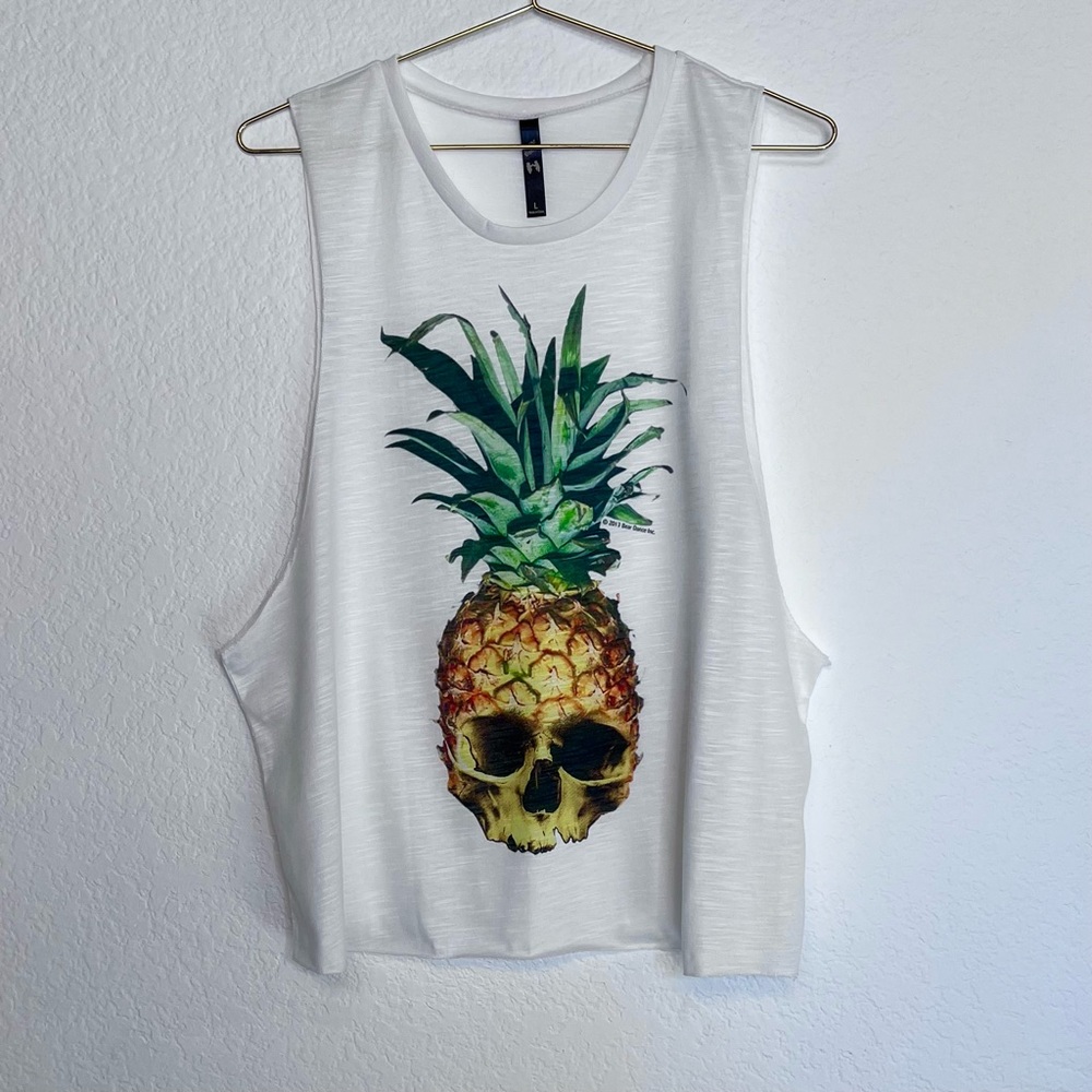 Bear Dance White Tank Top with Pineapple Skull Graphic